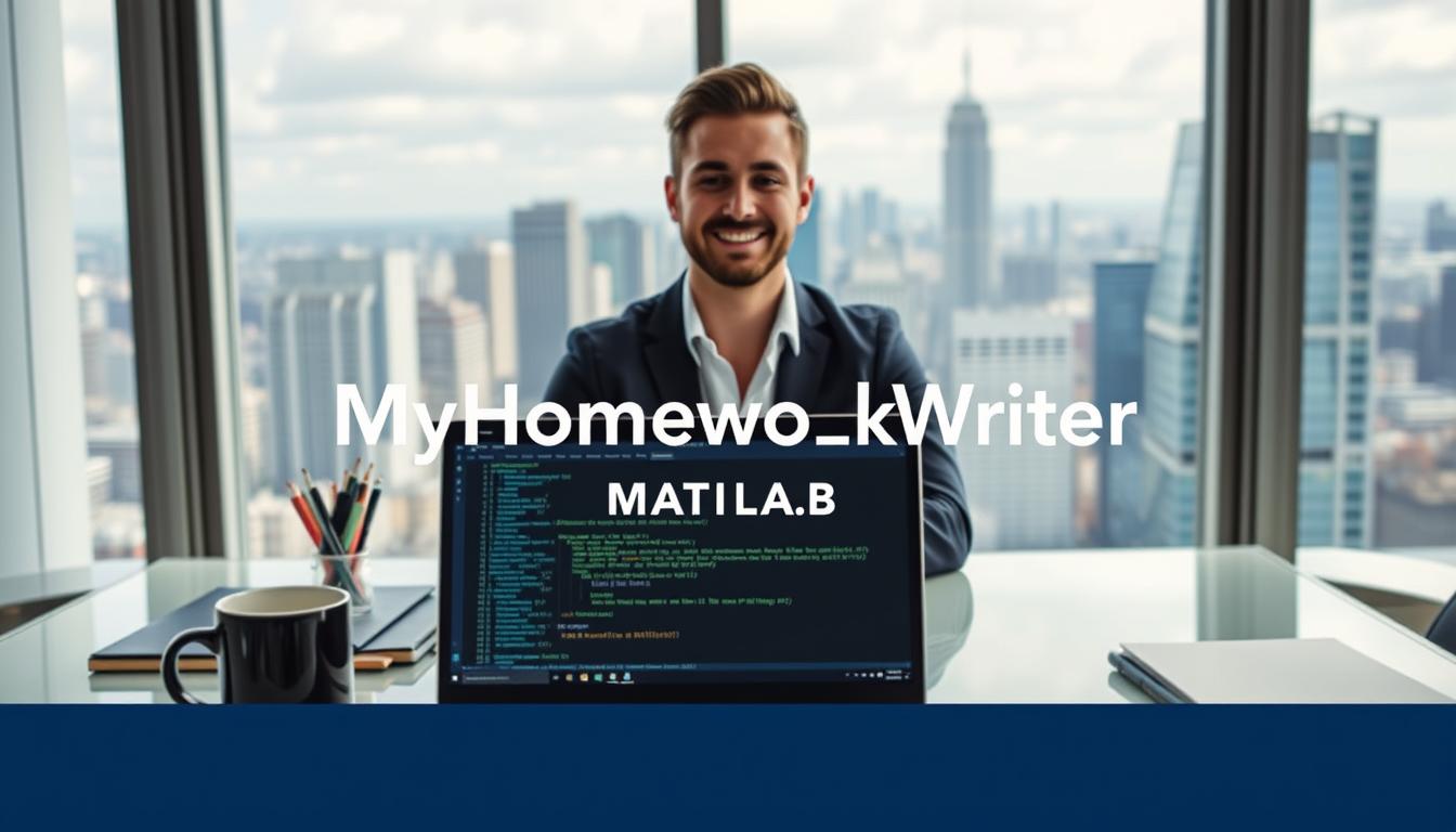 A well-lit, contemporary office setting with a sleek, minimal design. In the foreground, a laptop displays a MATLAB coding interface, surrounded by a neatly organized workspace with stationery and a coffee mug. In the middle ground, a professional, smiling person sits at the desk, ready to assist with the MATLAB assignment. The background features a large window overlooking a bustling city skyline, conveying a sense of expertise and productivity. The image should feature the MyHomeworkWriter brand name prominently, with the website &amp;quot;myhomeworkwriter.com&amp;quot; displayed discreetly.