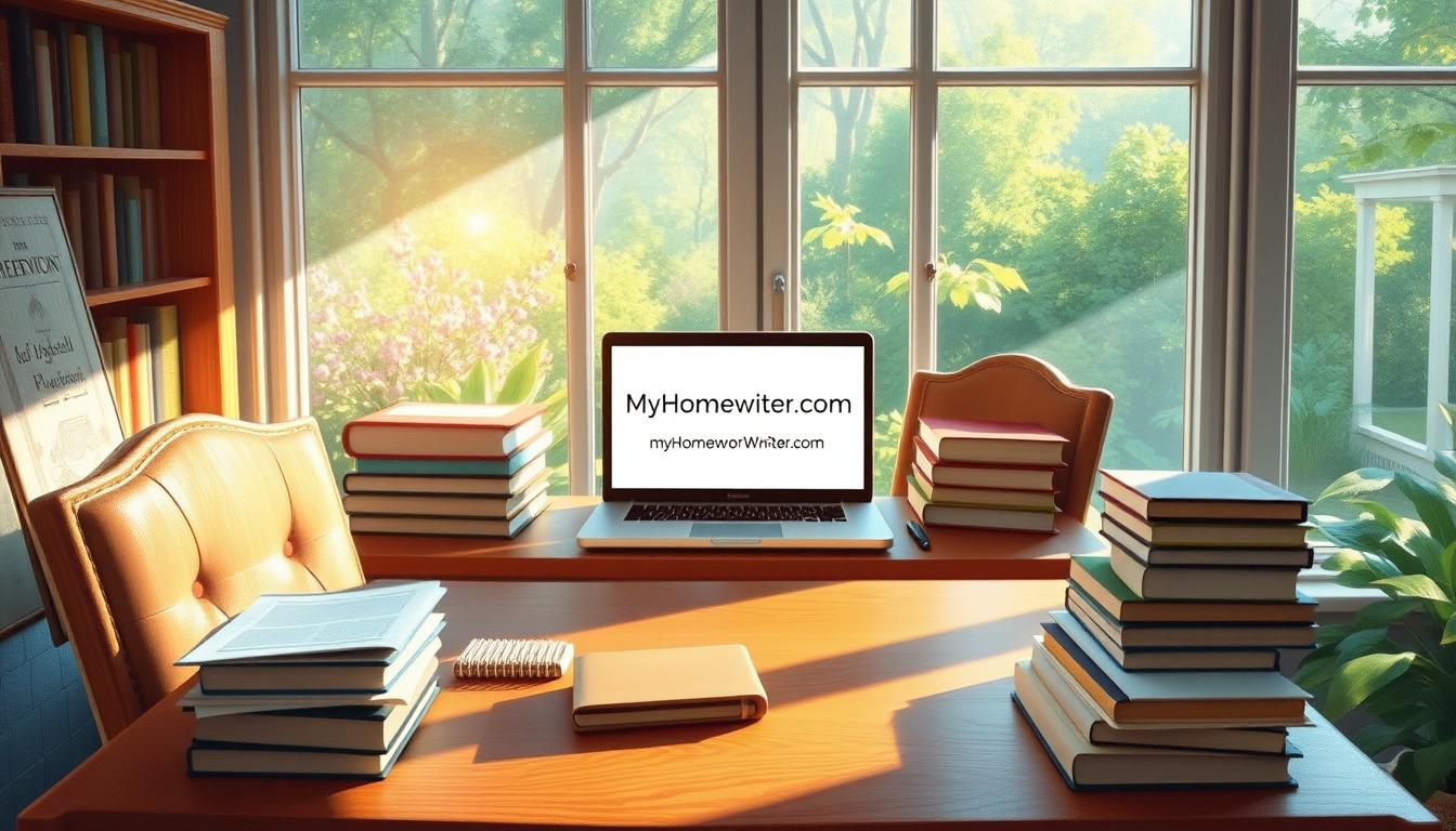 A serene study space with a wooden desk, plush chair, and a large window overlooking a lush garden. Sunlight filters in, casting a warm glow on the stacks of books and papers. In the center, a laptop displays the words &quot;MyHomeworkWriter&quot; and &quot;myhomeworkwriter.com&quot;, signifying the foundations of a winning diagnostic essay. The atmosphere is one of focus, inspiration, and academic excellence.