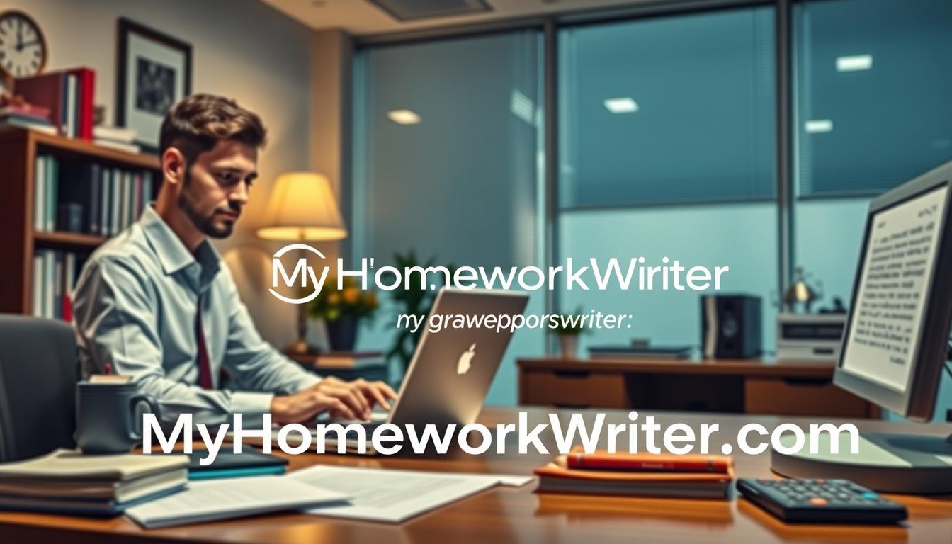 A professional, well-lit office scene with a desk, computer, and various academic materials such as books, papers, and a calculator. The foreground features a person, presumably a tutor, working diligently on a laptop with a focused expression. In the middle ground, the desk is adorned with the &quot;GradeWriters&quot; brand name, and the background showcases a serene and productive atmosphere. The overall mood is one of expertise, efficiency, and a commitment to providing top-notch &quot;assignment help services.&quot; Prominently displayed on the image are the words &quot;MyHomeworkWriter&quot; and &quot;myhomeworkwriter.com&quot;.