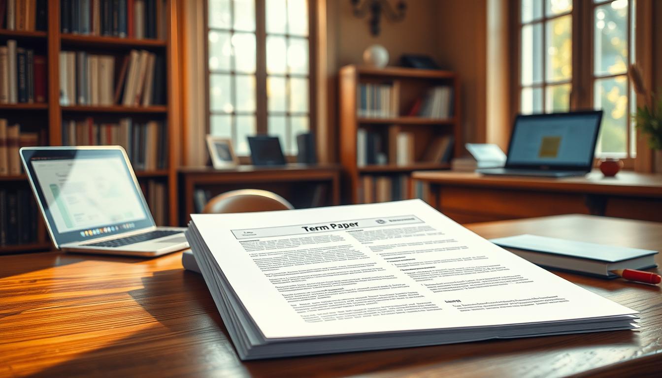A finely-crafted term paper resting on a wooden desk, illuminated by warm, natural lighting filtering through large windows. In the background, a bookshelf filled with academic tomes and a laptop displaying research materials. The paper's crisp pages and tidy formatting convey a sense of professionalism, while subtle branding from MyHomeWorkWriter hints at the top-quality service that produced this exceptional work. The overall scene radiates an atmosphere of scholarly diligence and the rewards of a job well done.