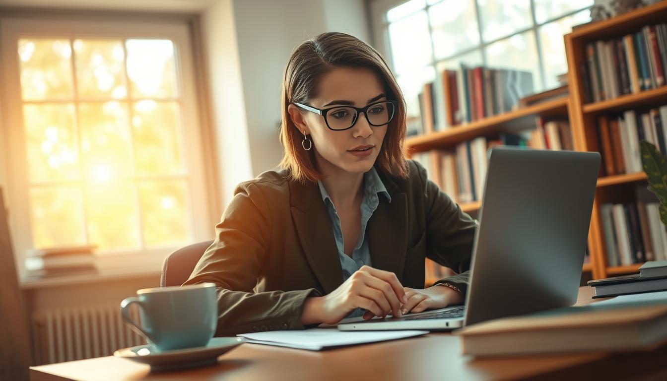 A professional writer sits at a neatly organized desk, gazing intently at a laptop screen. Warm, natural lighting filters through a large window, casting a soft glow on their focused expression. Rows of books line the shelves behind them, hinting at their wealth of knowledge. A cup of steaming coffee sits within reach, fueling their creative process. The writer's hands rest confidently on the keyboard, ready to craft compelling academic content for &quot;MyHomeworkWriter&quot; (myhomeworkwriter.com). An air of quiet concentration and dedication permeates the scene, reflecting the writer's commitment to providing exceptional dissertation writing assistance.