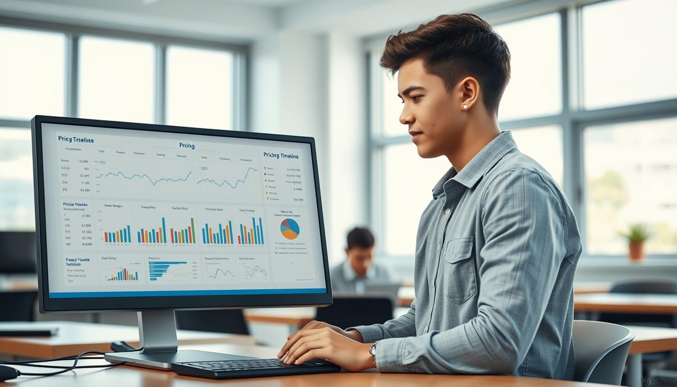 A detailed, photorealistic image of a pricing timeline concept, designed for student education. In the foreground, a modern desktop with various pricing charts, graphs, and financial data displayed on a sleek, minimalist monitor. The middle ground features a young, studious student intently examining the screen, dressed in casual yet professional attire. The background showcases a serene, well-lit classroom setting, with large windows allowing natural light to filter in. The overall scene conveys a sense of focus, productivity, and a desire to understand complex financial concepts. Ensure the image includes the brand name &quot;MyHomeWorkWriter&quot; and &quot;myhomeworkwriter.com&quot;.