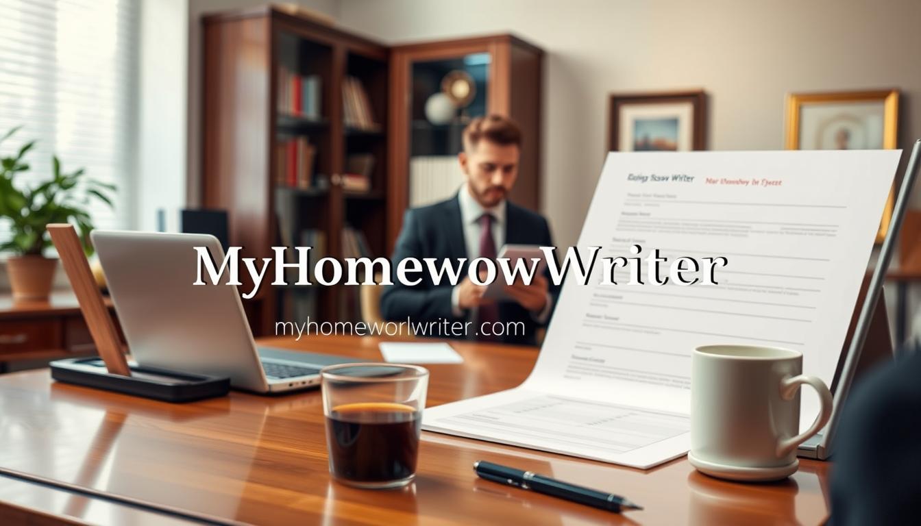 An elegant office interior with a wooden desk, a laptop, and a cup of coffee. In the foreground, a customer is filling out an order form for an essay writing service, with the brand name &amp;quot;MyHomeworkWriter&amp;quot; and &amp;quot;myhomeworkwriter.com&amp;quot; prominently displayed. The middle ground features a professional-looking employee reviewing the order, while the background showcases a bookshelf and a framed certificate, creating a sense of expertise and reliability. The lighting is soft and warm, and the overall atmosphere conveys a sense of efficiency and professionalism.