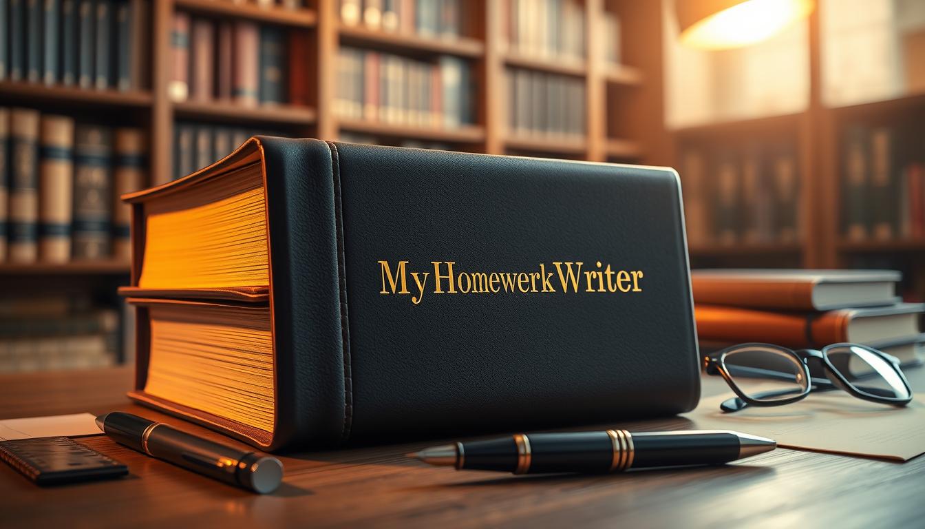 An academic standard textbook with a rigid, leather-bound cover sits atop a wooden desk, illuminated by a warm, focused light from an overhead spotlight. The textbook's spine displays the brand name &quot;MyHomeWorkWriter&quot; in an elegant, gold-embossed font. Surrounding the textbook are various stationery items, including a fountain pen, a ruler, and a pair of reading glasses, all arranged in a meticulously organized manner. The background is a soft, out-of-focus library setting, conveying a sense of intellectual rigor and attention to detail. The overall mood is one of professionalism, academic excellence, and a commitment to high standards.