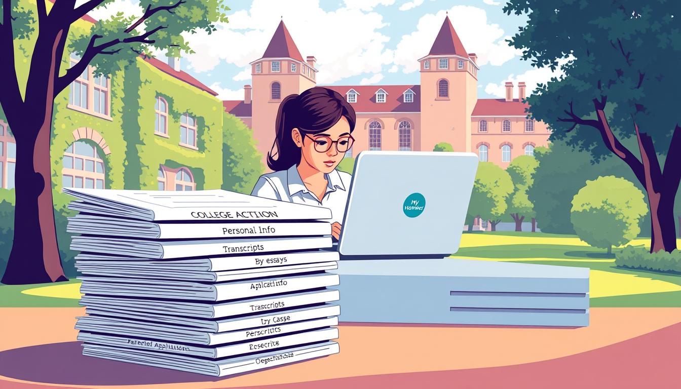 A crisp, clean-lined illustration of the college application process steps, showcased against a warm, inviting backdrop. In the foreground, a stack of application forms, carefully organized with labels like &amp;quot;Personal Info&amp;quot;, &amp;quot;Transcripts&amp;quot;, and &amp;quot;Essays&amp;quot;. In the middle ground, a focused student diligently working on a laptop, surrounded by a tidy workspace with a MyHomeWorkWriter logo prominently displayed. The background depicts a serene campus scene, with ivy-covered buildings and a clear blue sky, conveying a sense of academic excellence and opportunity. Soft, diffused lighting creates a mood of quiet concentration and determination, reflecting the serious yet rewarding nature of the college application journey.