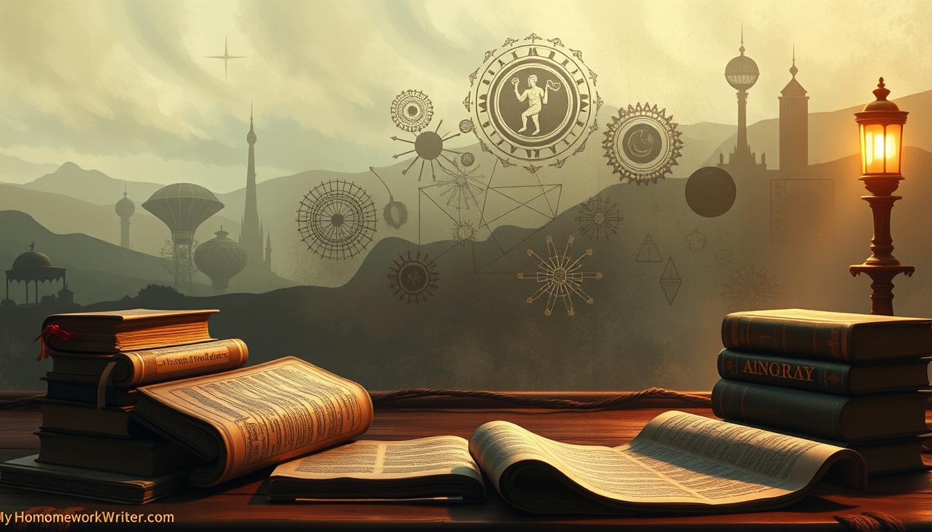 A serene, contemplative scene featuring an array of philosophical topics, rendered in a soft, atmospheric style. In the foreground, a collection of vintage books and scrolls, symbolizing the rich history of philosophical thought. In the middle ground, abstract shapes and motifs representing key concepts and schools of philosophy, interwoven with a sense of depth and interconnectedness. The background features a muted, dreamlike landscape, evoking a sense of introspection and intellectual exploration. The lighting is warm and inviting, casting a gentle glow over the scene. MyHomeworkWriter myhomeworkwriter.com