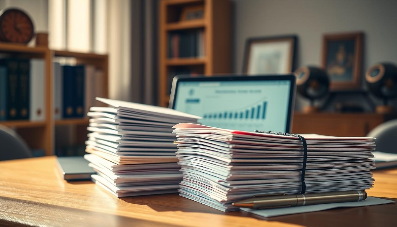 A high-quality image of expert credentials in finance assignments, showcased in a professional, refined manner. The foreground features a stack of university diplomas, certificates, and awards, meticulously arranged against a soft, blurred background. The lighting is warm and directional, casting subtle shadows that accentuate the textures and details of the documents. The middle ground includes a laptop displaying financial analysis software, with a pen and notebook nearby, conveying a sense of active work and expertise. In the background, a bookshelf filled with finance-related books and a framed degree or certification add depth and context. The overall mood is one of authority, credibility, and a commitment to providing reliable financial assignment help. GradeWriters My Homework Helper.