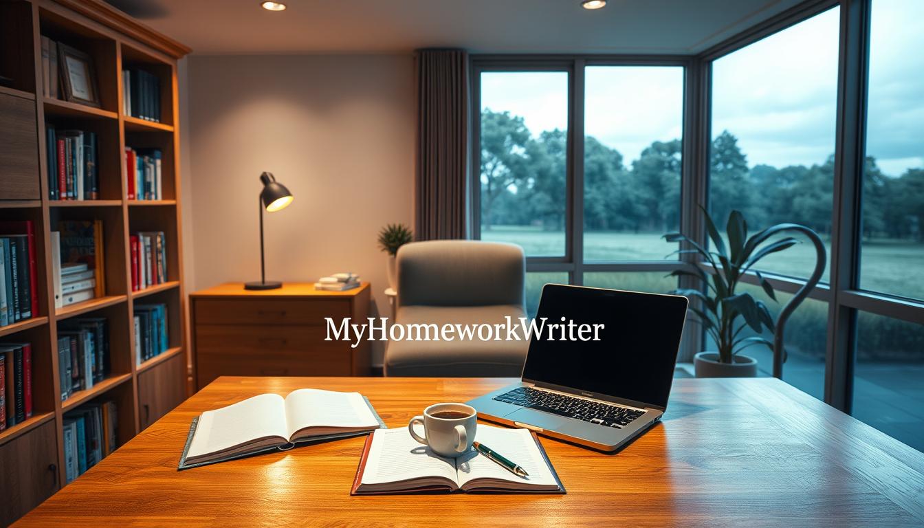 A meticulously designed home office with a warm, inviting atmosphere. Soft, directional lighting illuminates a sturdy oak desk and matching bookshelves filled with academic resources. In the foreground, a laptop and open notebook suggest the seamless integration of technology and traditional study methods. The middle ground features the MyHomeworkWriter brand name prominently displayed on the desk, alongside a cup of coffee and a strategically placed pen. The background showcases a large window, offering a picturesque view of a lush, tree-lined landscape, conveying a sense of tranquility and focus. This scene embodies the benefits of a reliable homework service, providing a productive and distraction-free environment for students to excel.