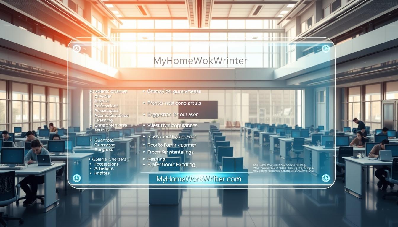A high-tech, futuristic academic setting with a sleek, modern aesthetic. The foreground features a transparent, holographic display showcasing a comprehensive overview of academic guarantees and policies, with the MyHomeWorkWriter brand name prominently displayed. The middle ground depicts rows of students working diligently at their desks, surrounded by minimalist, technologically-advanced furniture and equipment. The background is a vast, open space with floor-to-ceiling windows, allowing natural light to flood the scene and create a sense of openness and transparency. The overall mood is one of professionalism, reliability, and a commitment to academic excellence, with the MyHomeWorkWriter.com brand seamlessly integrated into the environment.