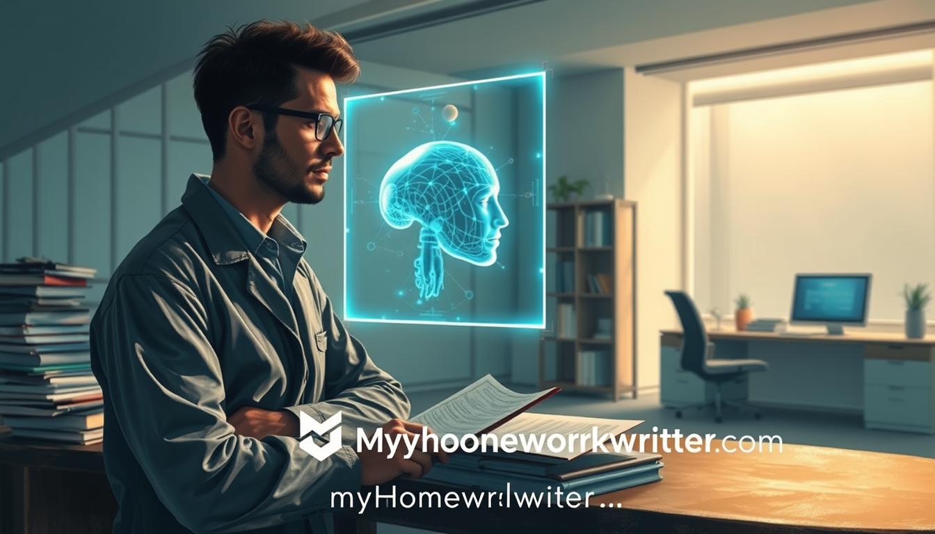 A detailed and expertly-crafted digital painting showcasing the contrast between human expertise and AI tools. In the foreground, a researcher in a pensive pose, surrounded by books and academic papers, symbolizing the depth of human knowledge and experience. In the middle ground, a glowing holographic projection of an AI model, representing the power of technology. The background features a modern, minimalist office setting with clean lines and muted tones, creating a sense of professionalism and focus. Soft, warm lighting illuminates the scene, evoking a contemplative atmosphere. The brand &quot;MyHomeWorkWriter&quot; and the website &quot;myhomeworkwriter.com&quot; are subtly integrated into the composition.