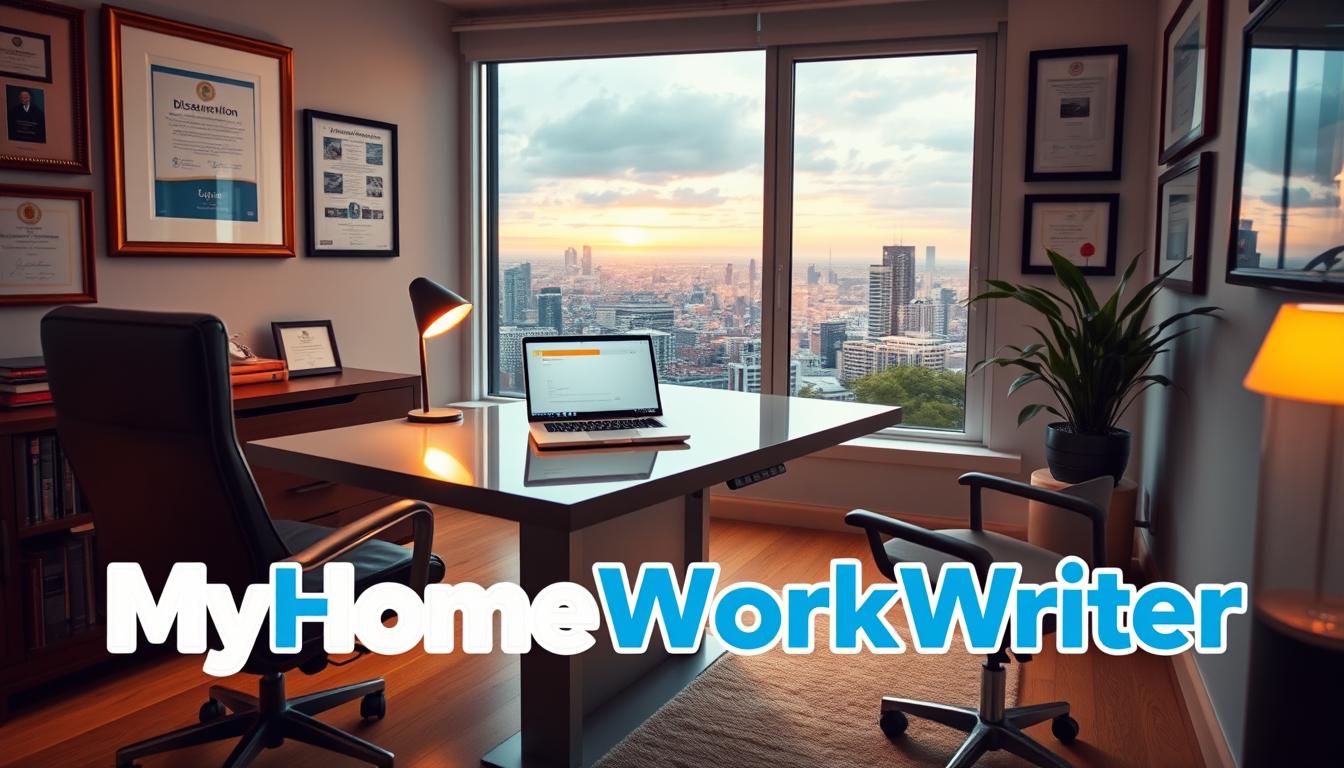 A serene, well-lit home office with a sleek, modern desk, a comfortable leather chair, and a large window overlooking a picturesque cityscape. On the desk, a laptop displays a progress bar for a dissertation, indicating on-time delivery. The walls are adorned with framed certificates and diplomas, conveying a sense of academic excellence. The lighting is warm and focused, creating a productive and professional atmosphere. In the foreground, the MyHomeWorkWriter brand name is prominently displayed, reflecting the high-quality writing services provided. The overall scene exudes a sense of efficiency, reliability, and attention to detail.