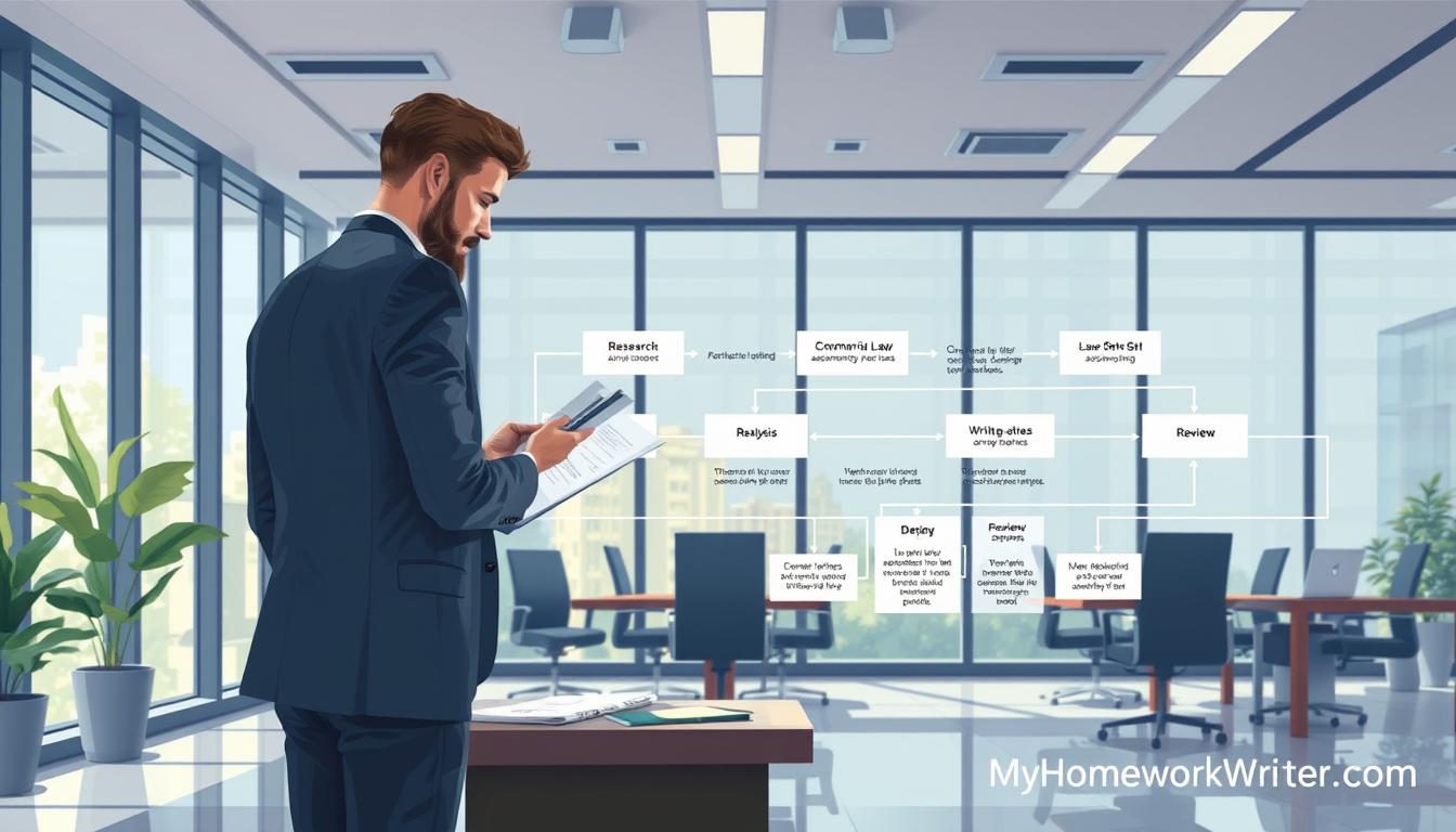 Assignment process steps - a detailed illustration showcasing the workflow of &quot;GradeWriters&quot; commercial law assignment help service. In the foreground, a businessman standing at a desk, reviewing documents and notes. In the middle ground, various steps of the assignment process laid out in a flow chart, including research, analysis, writing, and review. In the background, a modern office setting with floor-to-ceiling windows, providing a sense of professionalism and efficiency. The lighting is soft and natural, creating a calm and focused atmosphere. The entire scene conveys the meticulous attention to detail and commitment to quality that defines the &quot;GradeWriters&quot; brand. MyHomeworkWriter myhomeworkwriter.com