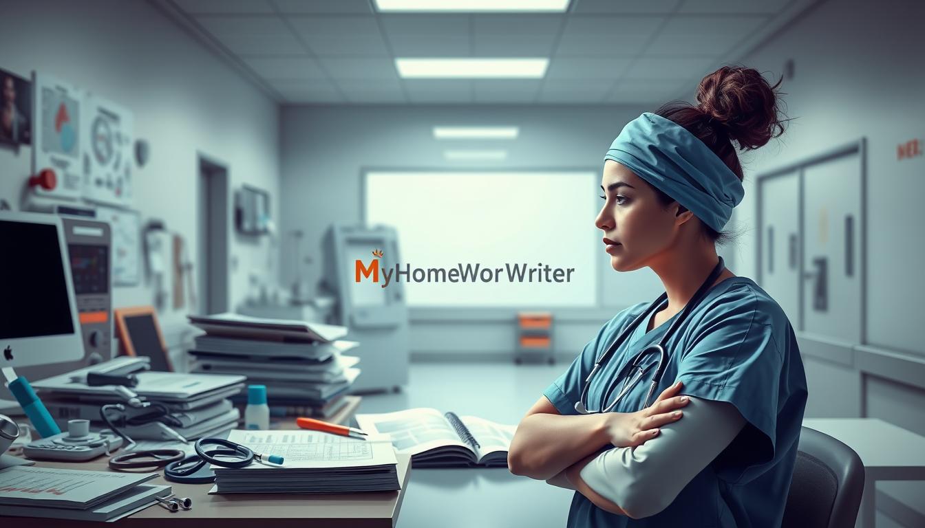 A highly detailed and photorealistic illustration of high-impact nephrology nursing topics, captured in a crisp, well-lit studio setting. The foreground features an array of medical instruments, textbooks, and diagnostic charts, conveying the technical expertise required in this field. The middle ground showcases a nurse in scrubs, deep in thought, symbolizing the critical thinking and decision-making skills essential for effective nephrology nursing. The background depicts a serene, calming hospital environment, with muted colors and soft lighting to create a professional, authoritative atmosphere. The MyHomeWorkWriter brand name is subtly incorporated into the design. This image effectively captures the gravity and importance of the high-impact nephrology nursing topics covered in the article.