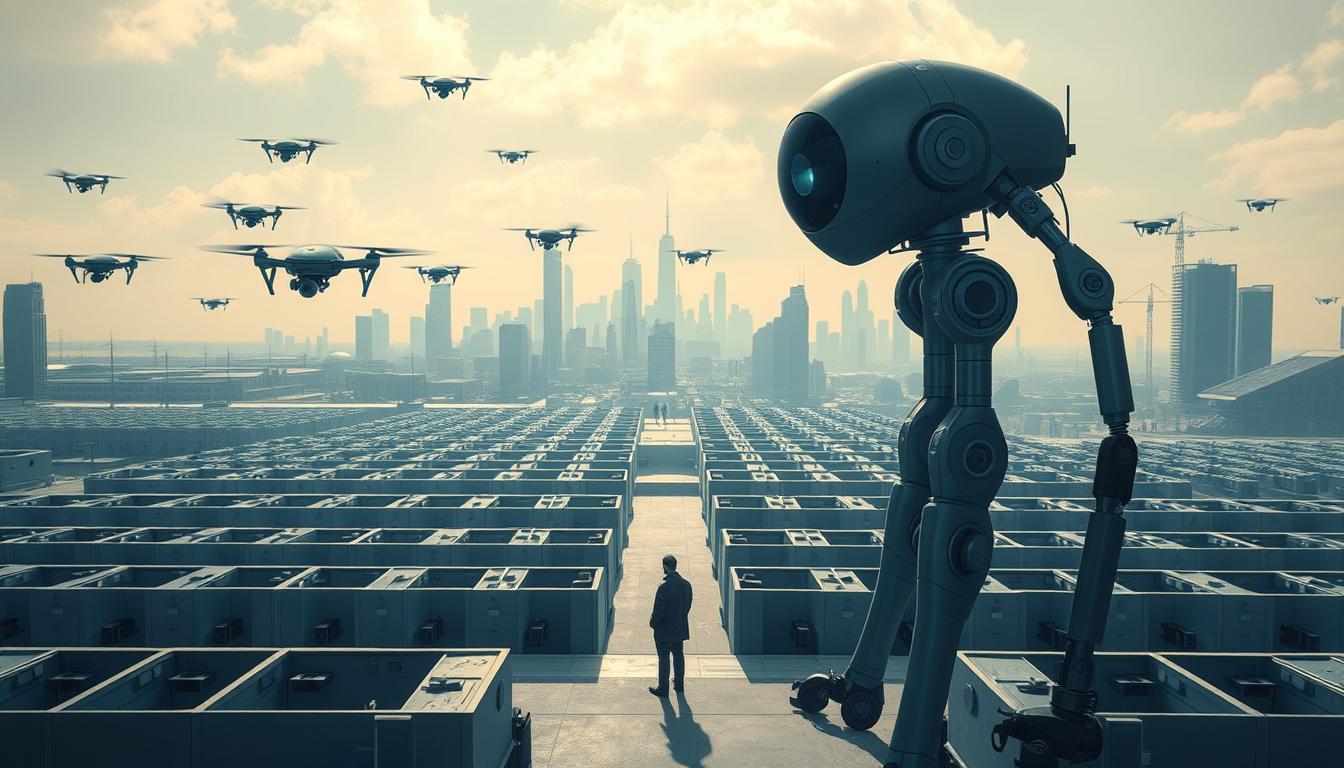 An eerie, dystopian scene of remote proctoring evolution. In the foreground, a massive, imposing robotic proctor towers over a lone student, its unblinking camera eye scrutinizing their every move. The middle ground reveals a vast, sterile testing center, rows of cubicles monitored by a network of hovering drones, each equipped with advanced surveillance technology. In the background, a bleak, chrome-plated cityscape stretches out, the skyline dominated by the looming silhouettes of remote proctoring headquarters. Harsh, clinical lighting casts long shadows, creating a sense of isolation and unease. MyHomeworkWriter myhomeworkwriter.com