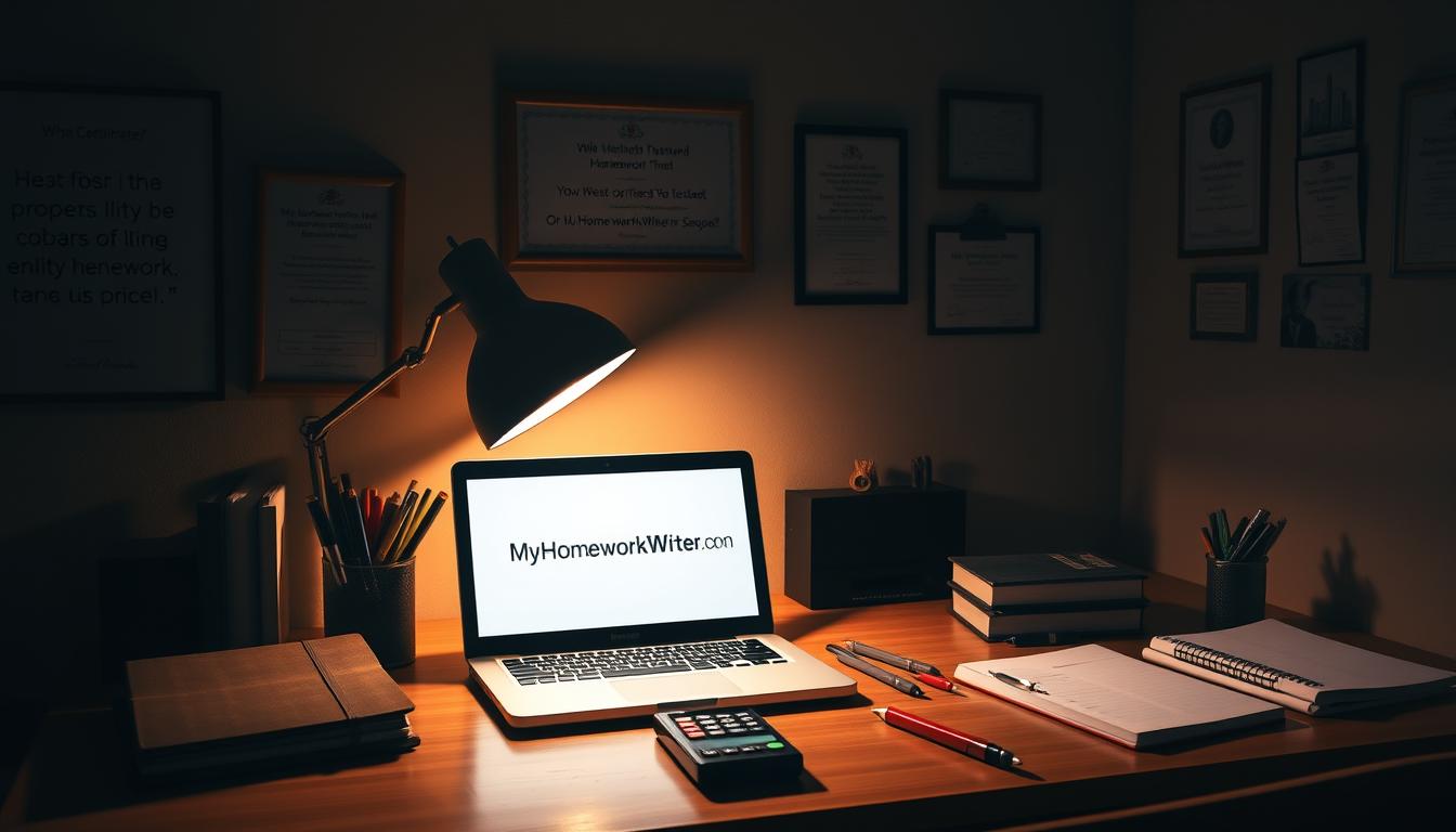 A dimly lit study space, illuminated by warm, ambient lighting that casts soft shadows. On the desk, a laptop displays the MyHomeworkWriter.com logo, signifying the trusted online homework help service. Surrounding the laptop, various school supplies - notebooks, pens, and a calculator - convey a sense of academic diligence. The walls are adorned with motivational quotes and certificates, exuding an atmosphere of professionalism and reliability. The overall scene evokes a feeling of transparency, where the student can trust the expertise and guidance provided by MyHomeWorkWriter.
