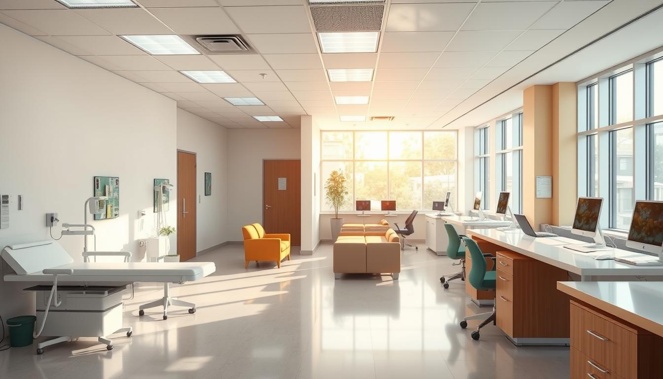 A bright, modern healthcare setting with adaptable spaces. In the foreground, a flexible examination room with movable furniture and adjustable lighting. In the middle ground, a communal area with varied seating options and natural light streaming through large windows. In the background, a state-of-the-art nurse's station with ergonomic workstations and digital displays. The entire scene conveys a sense of innovation, comfort, and patient-centered design. Crisp, high-resolution, photorealistic, MyHomeworkWriter, myhomeworkwriter.com.