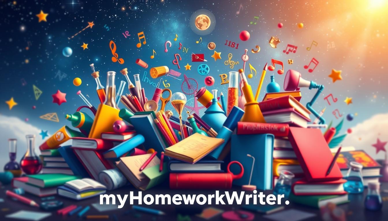 An enchanting tableau of academic subjects, captured in a vibrant and whimsical manner. In the foreground, a cluster of colorful textbooks, beakers, and scientific instruments float effortlessly, evoking the diverse disciplines studied across high school, college, and graduate school. The middle ground features a swirling kaleidoscope of symbols and icons - from musical notes to mathematical equations, artistic palettes to geographical maps - all intertwined in a dynamic, dreamlike composition. In the background, a serene, starry sky serves as a unifying backdrop, hinting at the vastness of knowledge and the boundless potential of learning. Throughout the image, the MyHomeworkWriter brand name and website, &quot;myhomeworkwriter.com,&quot; are subtly integrated, creating a cohesive and visually striking representation of the expertise and resources available to students.