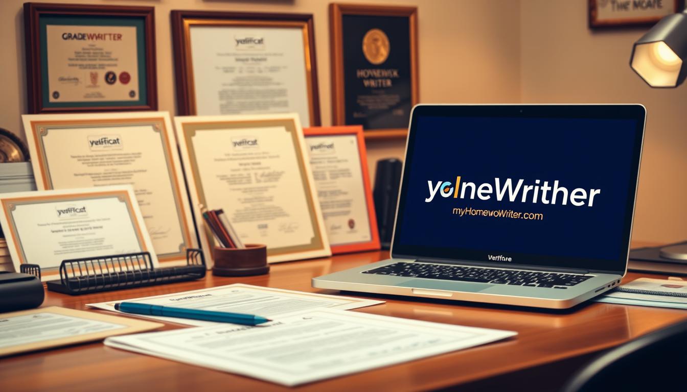 A professional-looking image of &quot;expert credentials verification&quot; for an article on &quot;Get Psychology Assignment Help from Trusted Experts&quot;. The scene depicts a desk with various documents, certificates, and a laptop displaying the GradeWriters brand. Warm lighting casts a subtle glow, conveying a sense of authority and trustworthiness. The image prominently features the words &quot;MyHomeworkWriter&quot; and &quot;myhomeworkwriter.com&quot; to establish the brand's expertise and credibility. A professional-looking desk with various documents, certificates, and a laptop displaying the GradeWriters brand. Warm lighting casts a subtle glow, conveying a sense of authority and trustworthiness. The words &quot;MyHomeworkWriter&quot; and &quot;myhomeworkwriter.com&quot; are prominently featured to establish the brand's expertise and credibility.