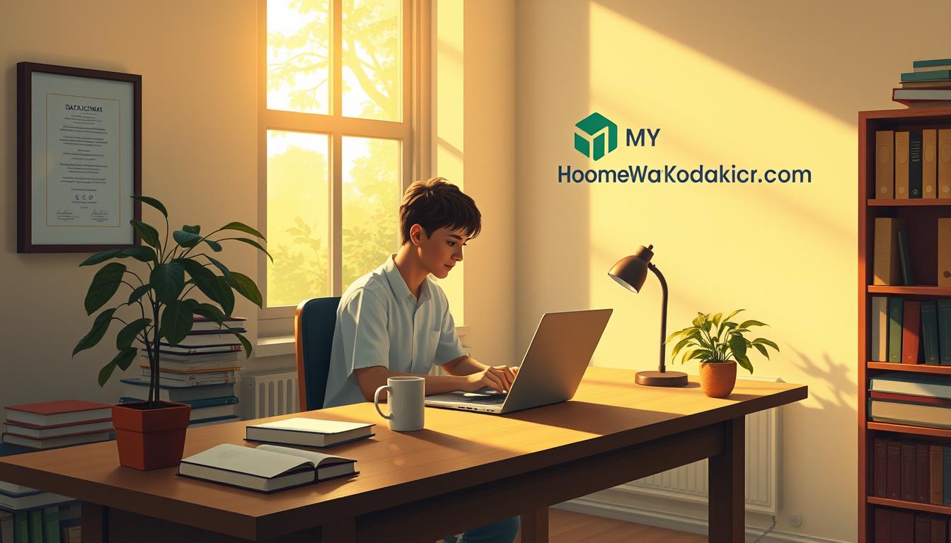 A serene and tranquil academic workspace, bathed in warm golden light from a large window. A student sits at a wooden desk, focused on their laptop, surrounded by stacks of books, a mug of coffee, and a potted plant. On the wall, a framed diploma and the MyHomeWorkWriter logo stand as symbols of academic achievement and the support provided by the myhomeworkwriter.com platform. The overall atmosphere conveys a sense of productivity, focus, and the benefits of professional guidance for data science assignments.
