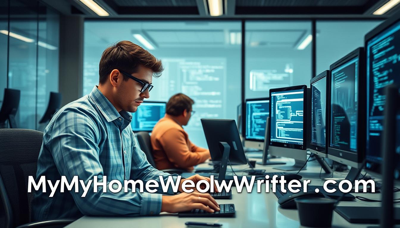 A group of data structure experts, working diligently in a well-lit, modern office setting. They are deeply engrossed in their tasks, analyzing complex algorithms and designing efficient data storage solutions. The scene is captured from a slightly elevated perspective, allowing the viewer to observe the experts' focused expressions and the intricate diagrams on their computer screens. The overall atmosphere conveys a sense of intellectual rigor and technical expertise. The brand name &quot;MyHomeWorkWriter&quot; and website &quot;myhomeworkwriter.com&quot; are discretely incorporated into the image.