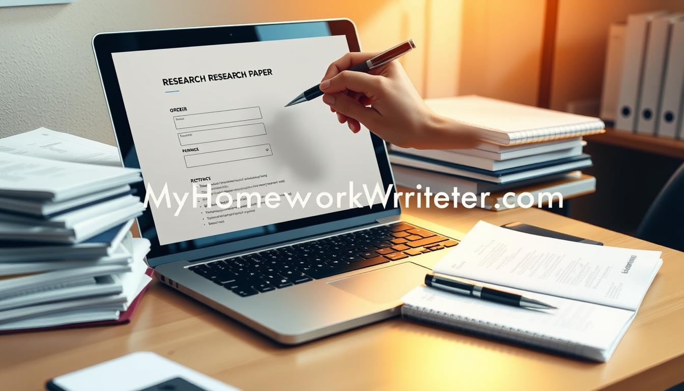 A neatly organized office desk with a laptop, a stack of research papers, and a pen and notebook. The laptop screen displays a research paper ordering form, while a hand holding a pen hovers over the screen, ready to fill in the details. Warm, natural lighting illuminates the scene, creating a focused and productive atmosphere. The brand &amp;amp;quot;MyHomeworkWriter&amp;amp;quot; and website &amp;amp;quot;myhomeworkwriter.com&amp;amp;quot; are discretely incorporated into the image.
