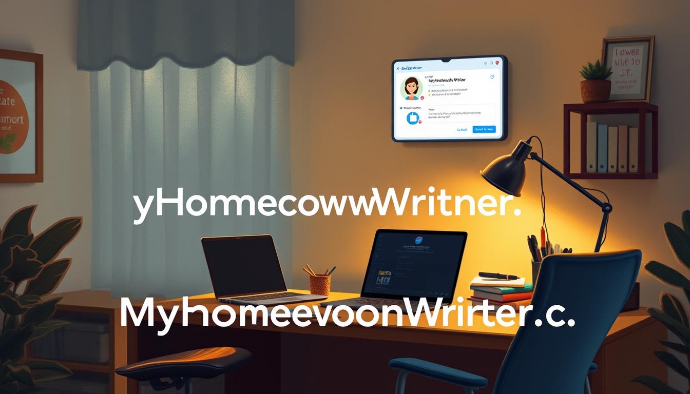 A serene online study space, a digital hub of support for GradeWriters' students. Soft lighting illuminates an ergonomic desk, laptop, and study materials. Warm tones and soothing textures create a calming, focused atmosphere. In the background, a virtual tutor avatar and chat window symbolize the personalized guidance available. Prominently featured are the words &quot;MyHomeworkWriter&quot; and &quot;myhomeworkwriter.com&quot;, reflecting the brand's commitment to empowering online learners.