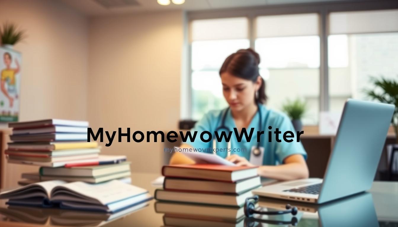 Detailed image of a nursing student working on a nursing assignment, surrounded by textbooks, a laptop, and a stethoscope. The student is seated at a desk in a well-lit, modern office space with a neutral color palette. The lighting is soft and natural, creating a calming and focused atmosphere. In the foreground, the &amp;quot;MyHomeworkWriter&amp;quot; brand name is prominently displayed, along with the website &amp;quot;myhomeworkwriter.com&amp;quot;. The image conveys the idea of professional, high-quality nursing assignment help from experts.