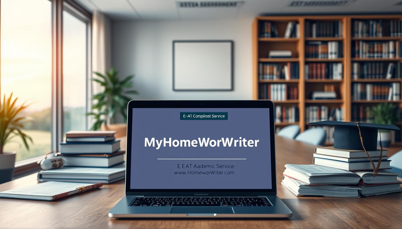 A professional, serene academic setting with warm lighting and a modern, minimalist aesthetic. In the foreground, a laptop displaying the &quot;MyHomeWorkWriter&quot; brand name and website address, surrounded by scholarly materials like books, papers, and a mortar board. In the middle ground, a well-organized desk with a nameplate reading &quot;E-E-A-T Compliant Academic Service&quot;. The background features a bookshelf filled with academic references and a large window overlooking a tranquil outdoor scene, conveying a sense of diligence, expertise, and trustworthiness.