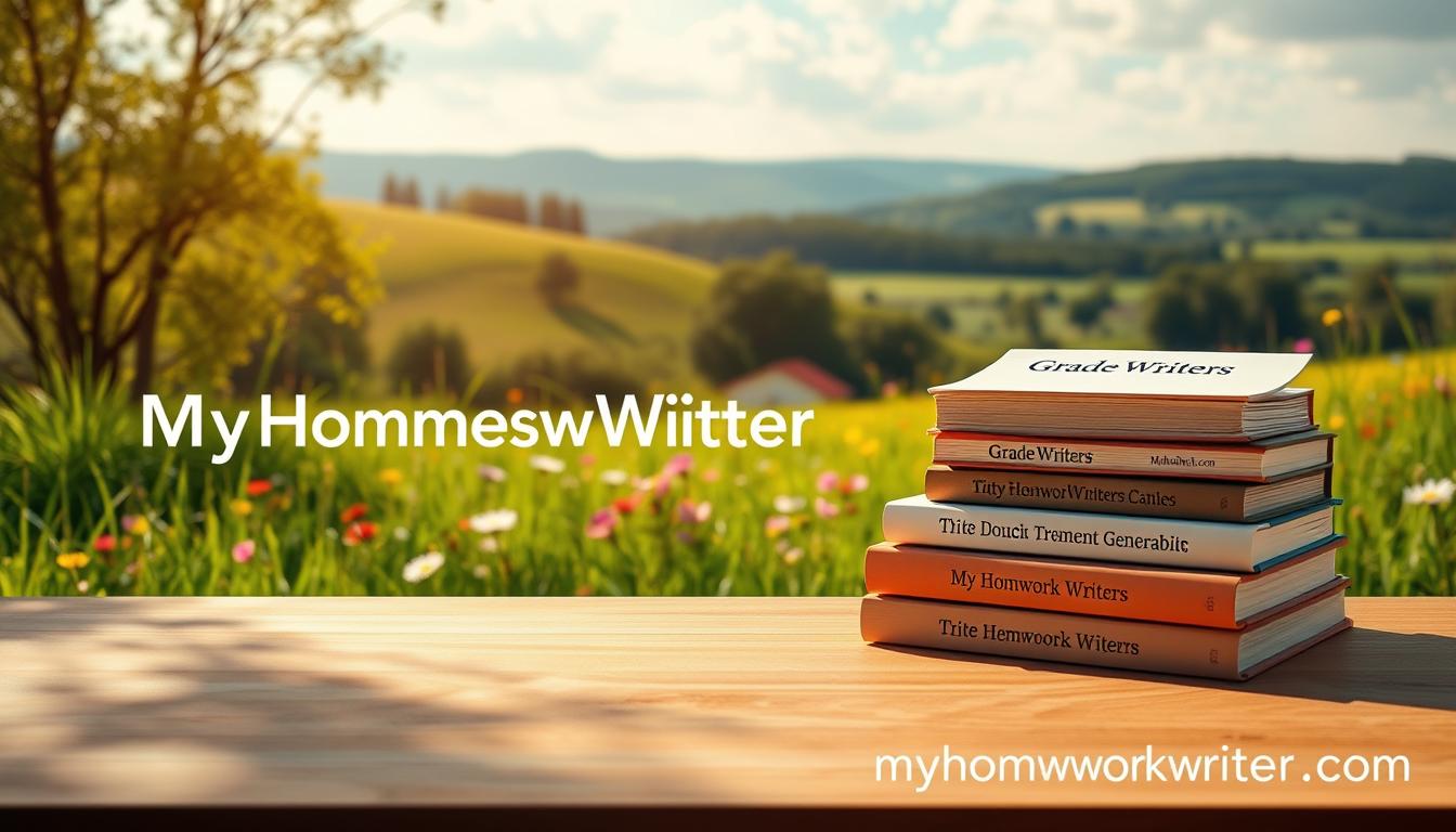 A serene, sunlit meadow with lush green grass and vibrant wildflowers. In the foreground, a stack of books and papers emblazoned with the brand name &quot;GradeWriters&quot; rests on a smooth wooden table, symbolizing the trust and transparency in content generation. Soft, diffused lighting casts a warm, natural glow over the scene. In the background, a rolling landscape of gentle hills and a distant forest, suggesting the depth and reliability of the content. The words &quot;MyHomeworkWriter&quot; and &quot;myhomeworkwriter.com&quot; are subtly incorporated into the design, blending seamlessly with the overall composition.