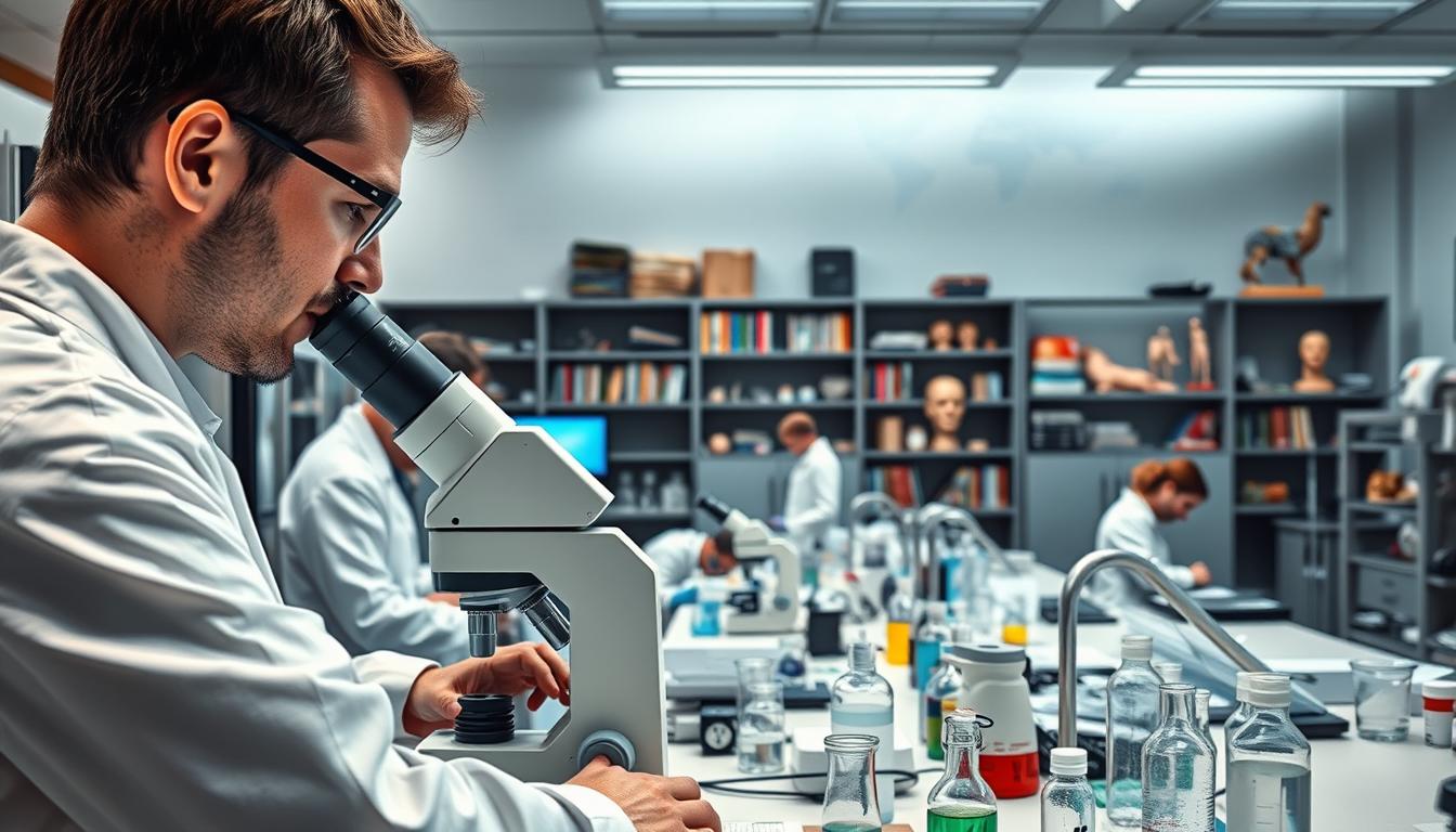 A modern, well-equipped biology laboratory with state-of-the-art equipment and knowledgeable researchers. In the foreground, a scientist in a white lab coat examines a sample under a high-powered microscope, their face illuminated by the soft glow of the monitor. In the middle ground, other scientists work diligently at their stations, surrounded by beakers, test tubes, and various scientific instruments. The background features shelves of reference books, anatomical models, and a large world map, conveying the depth of expertise and global reach of the GradeWriters biology support team. The overall atmosphere is one of focus, dedication, and a commitment to providing high-quality, expert-level biology assistance. MyHomeworkWriter, myhomeworkwriter.com