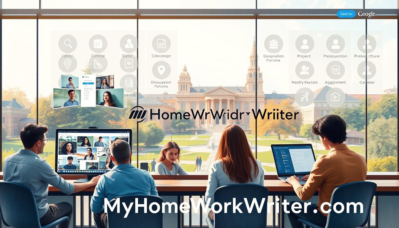 A modern, well-designed online learning management system (LMS) platform with a clean, intuitive interface. The foreground features students engaged in virtual classes, collaborating on projects, and accessing course materials. The middle ground showcases a diverse range of LMS features and tools, such as video conferencing, discussion forums, and assignment submission. The background depicts a university campus, with buildings, greenery, and a sense of academic prestige. The lighting is soft and natural, creating a warm, inviting atmosphere. The overall composition conveys the seamless integration of technology and education, with the MyHomeWorkWriter brand prominently displayed. myhomeworkwriter.com
