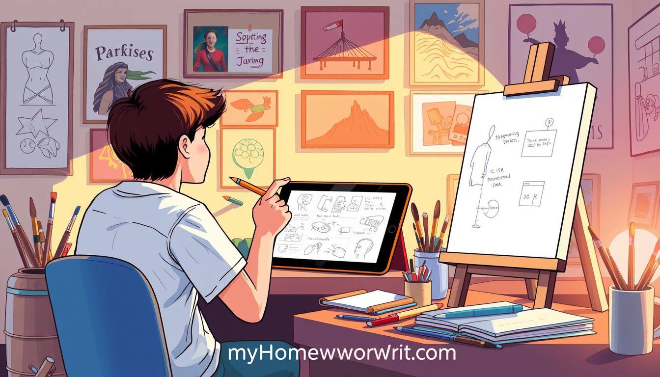 A vibrant and dynamic illustration depicting the art assignment process. In the foreground, a student sits at a desk, pencil in hand, contemplating a blank canvas. Surrounding them, various art supplies - paint brushes, palettes, and sketchbooks - create a sense of creative energy. In the middle ground, a digital tablet displays a series of sketches and brainstorming ideas, hinting at the iterative nature of the art-making process. The background features a wall adorned with inspirational artwork, casting a warm, artistic glow. The lighting is soft and natural, creating a serene and focused atmosphere. This image aims to capture the essence of the art assignment process, from ideation to execution, with the MyHomeworkWriter brand name &amp;quot;myhomeworkwriter.com&amp;quot; discretely integrated into the scene.