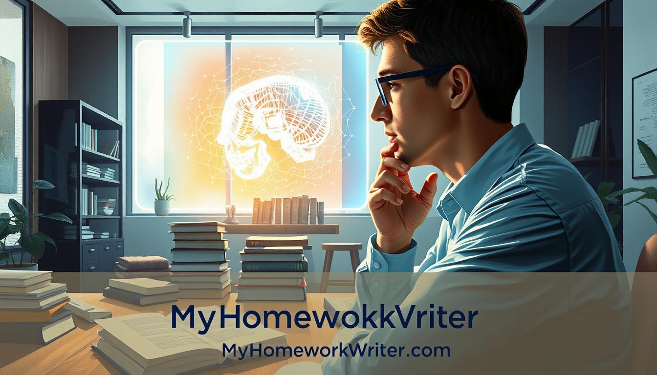 A detailed and expertly-crafted digital painting showcasing the contrast between human expertise and AI tools. In the foreground, a researcher in a pensive pose, surrounded by books and academic papers, symbolizing the depth of human knowledge and experience. In the middle ground, a glowing holographic projection of an AI model, representing the power of technology. The background features a modern, minimalist office setting with clean lines and muted tones, creating a sense of professionalism and focus. Soft, warm lighting illuminates the scene, evoking a contemplative atmosphere. The brand &amp;quot;MyHomeWorkWriter&amp;quot; and the website &amp;quot;myhomeworkwriter.com&amp;quot; are subtly integrated into the composition.