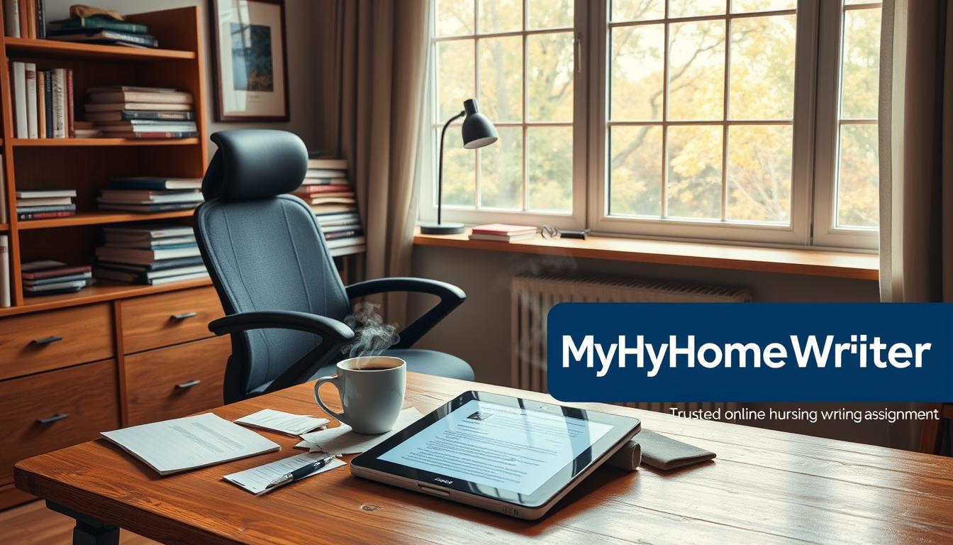 A cozy, well-lit home office with a wooden desk, ergonomic chair, and a stack of nursing textbooks. On the desk, a laptop and a mug of steaming coffee, surrounded by scattered notes and a tablet displaying a nursing assignment. A large window in the background lets in natural light, creating a warm, focused atmosphere. The MyHomeWorkWriter brand logo is prominently displayed in the corner of the image, reflecting the trusted online support for mental health nursing assignments.
