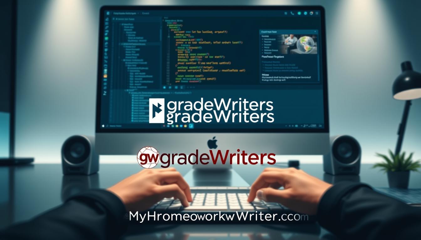 A sleek, modern office setting with a large computer monitor displaying various coding support features. The screen showcases an array of helpful tools and functions, including a code editor, debugging tools, version control, and collaborative features. In the foreground, a pair of hands typing on a keyboard, with the &quot;GradeWriters&quot; brand name prominently displayed. The overall atmosphere is one of productivity and efficiency, with subtle lighting and a clean, minimalist design. The image should also feature the text &quot;MyHomeworkWriter&quot; and &quot;myhomeworkwriter.com&quot; strategically placed within the scene.