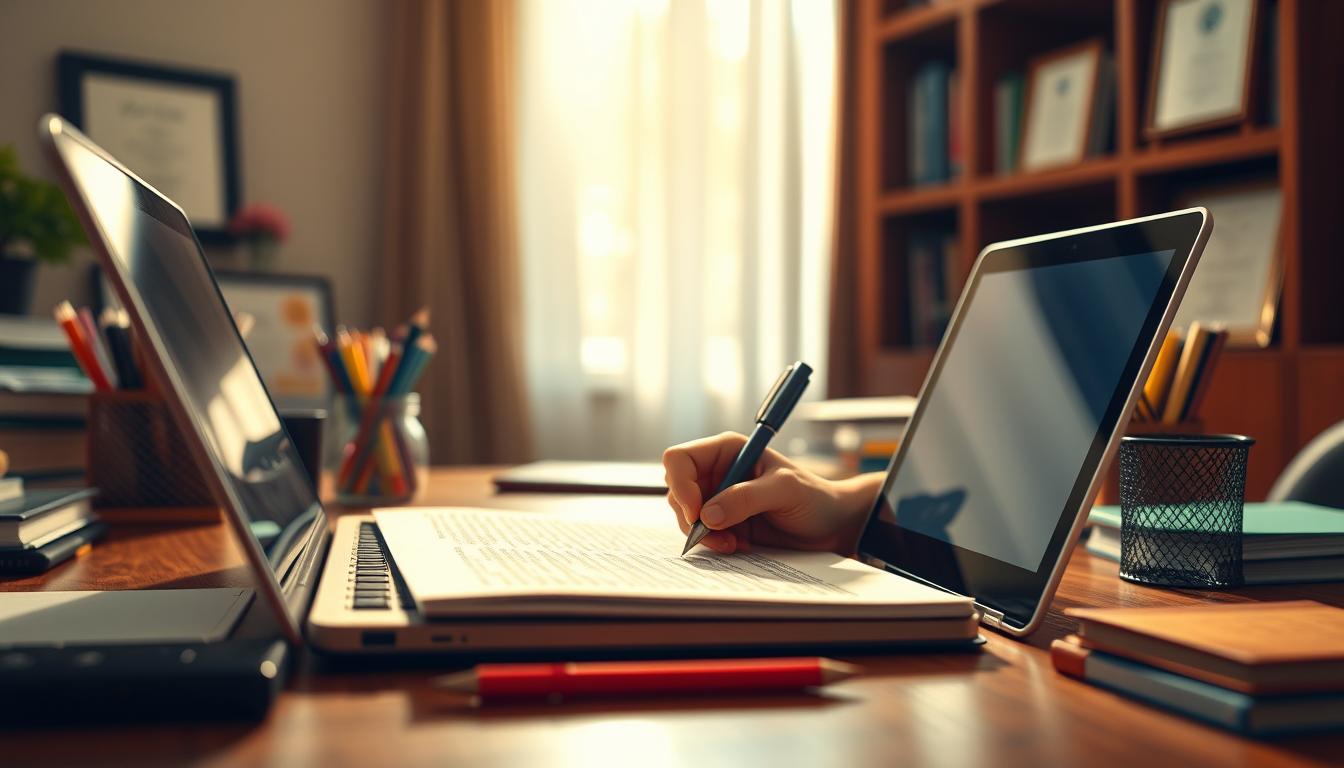 A high-quality office setting with a laptop, desk, and stationery supplies, bathed in warm, natural lighting. A person's hands are intently focused on writing an essay, the page filled with carefully crafted words. In the background, a bookshelf and a framed certificate or diploma symbolize the expertise and quality assurance associated with &amp;quot;MyHomeWorkWriter&amp;quot; and &amp;quot;myhomeworkwriter.com&amp;quot;. The scene conveys a sense of professionalism, attention to detail, and a commitment to delivering exceptional essay writing services.