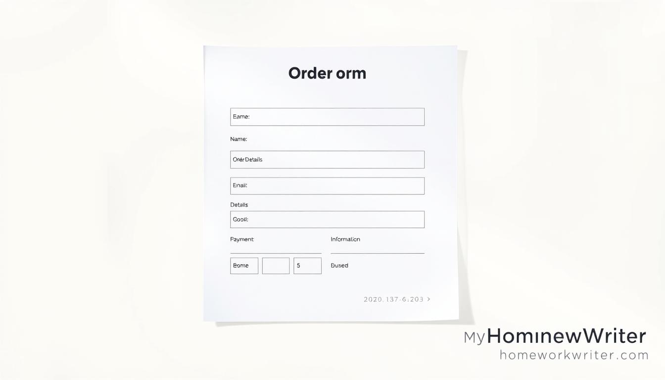 A high-quality, minimalist order form against a clean, light background. The form has a simple, grid-like layout with clearly defined sections for Name, Email, Order Details, and Payment Information. The design is modern and professional, with subtle textures and shadows adding depth. In the bottom right corner, the MyHomeworkWriter brand name and website (myhomeworkwriter.com) are displayed discreetly. Soft, directional lighting creates a calm, focused atmosphere, guiding the viewer's attention to the order form.