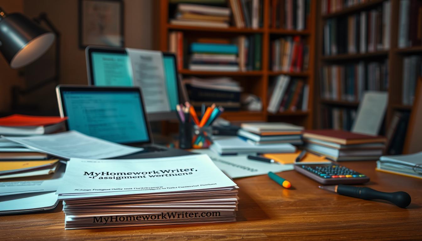 A dimly lit office desk, covered in a variety of academic assignments, textbooks, and a laptop. Soft, warm lighting casts a cozy glow, creating a sense of focus and productivity. In the foreground, a stack of neatly organized papers labeled &amp;quot;MyHomeworkWriter&amp;quot; and &amp;quot;myhomeworkwriter.com&amp;quot; sits prominently, hinting at the comprehensive assignment writing services offered. The middle ground features various stationery items, including pens, highlighters, and a calculator, while the background showcases a bookshelf filled with reference materials. The overall atmosphere conveys a professional, academic setting dedicated to academic success.