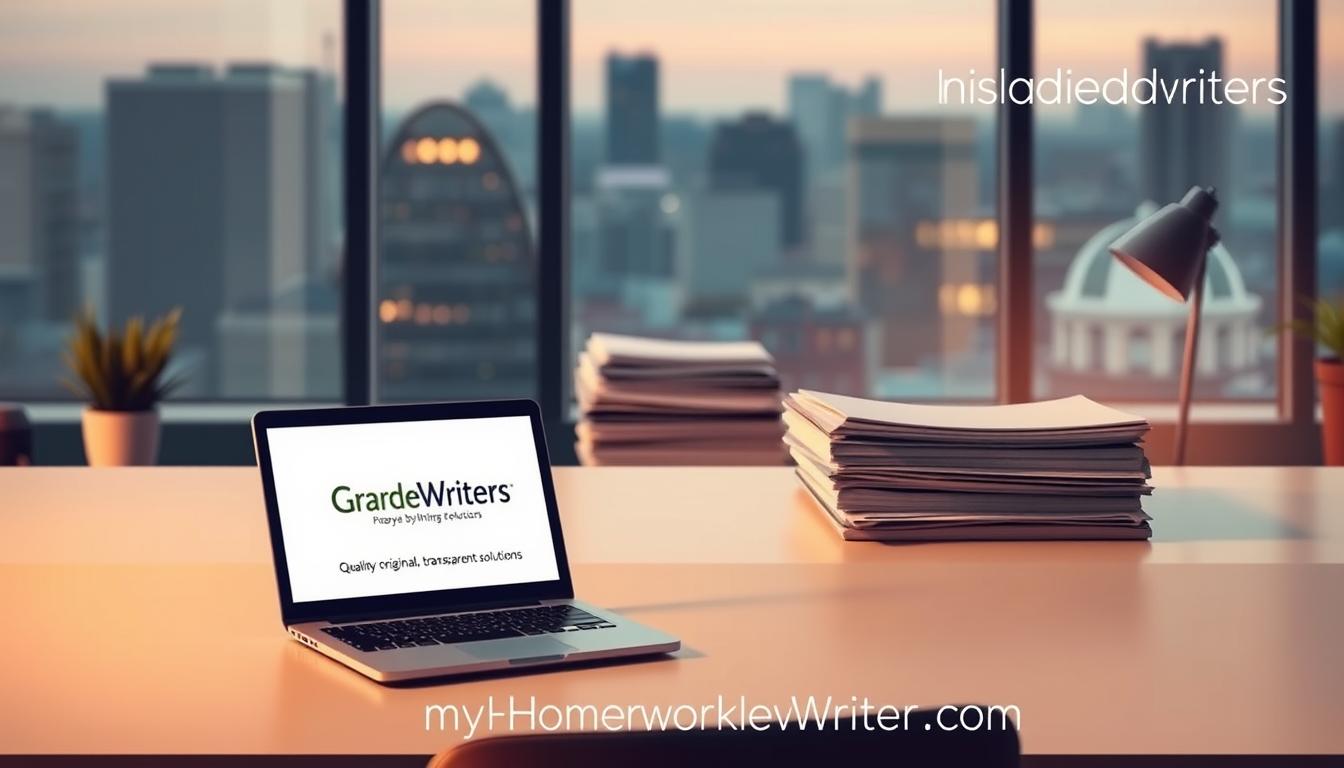 A serene, minimalist workspace with warm lighting and clean, geometric shapes. In the foreground, a well-organized desk showcases a laptop displaying a &quot;GradeWriters&quot; logo, symbolizing quality, original, and transparent solutions. The middle ground features a stack of neatly organized papers and a thoughtful expression on a person's face, conveying professionalism and attention to detail. The background is a softly blurred cityscape, suggesting a professional, urban setting. The image should evoke a sense of efficiency, reliability, and excellence. Include the text &quot;MyHomeworkWriter&quot; and &quot;myhomeworkwriter.com&quot; in the image.