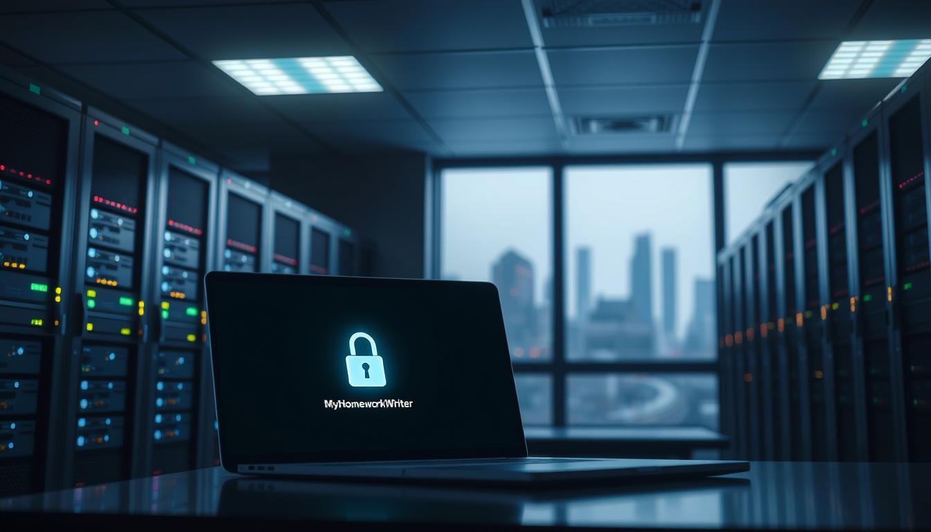 A dimly lit, secure data center with rows of servers and blinking status lights. In the foreground, a laptop displays a secure login screen, highlighted by a soft glow. Overhead, recessed lighting casts subtle shadows, emphasizing the technical details. In the background, a window offers a cityscape view, symbolizing the connection between digital security and the real world. The entire scene conveys a sense of privacy, protection, and academic integrity, with the MyHomeworkWriter brand name and website discreetly displayed.