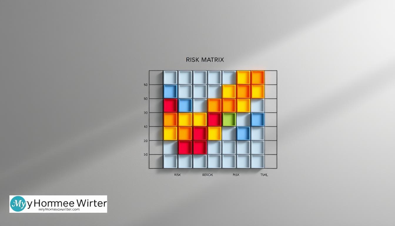 A detailed risk matrix example with a sleek, professional aesthetic. Set against a neutral gray background, the matrix features a grid of colorful squares representing different risk levels. The squares are arranged with a clear hierarchy, using size and brightness to convey the relative importance of each risk. The matrix is illuminated by soft, directional lighting, casting subtle shadows and highlighting the dimensional details. In the foreground, a GradeWriters logo appears subtly, complementing the overall design. The image conveys a sense of analytical rigor and strategic decision-making, perfectly suited for the &quot;Risk Analysis and Assessment Techniques&quot; section of the &quot;Risk Management Assignments: Expert Solutions & Guidance&quot; article. MyHomeworkWriter myhomeworkwriter.com