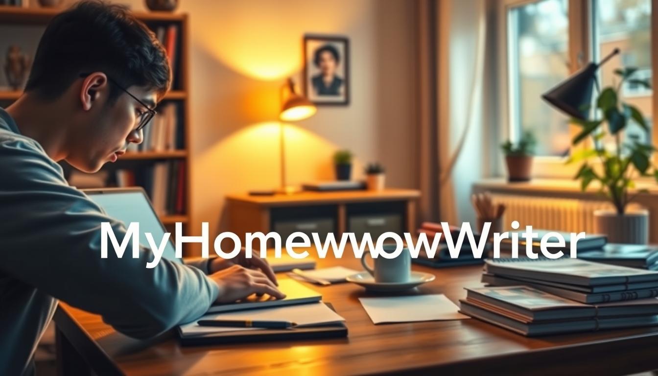 A cozy home office scene with a laptop, books, and stationery on a wooden desk. Warm, soft lighting creates a productive and inviting atmosphere. In the foreground, a person is reviewing online homework helper reviews from MyHomeworkWriter.com, their face illuminated by the laptop screen. The middle ground features carefully curated notes, a mug of coffee, and a sense of focused diligence. The background showcases a bookshelf, a plant, and a window with a glimpse of the outside world, suggesting a balance between work and life. The MyHomeworkWriter brand name is subtly integrated into the scene, reflecting the trust and expertise that the service provides.