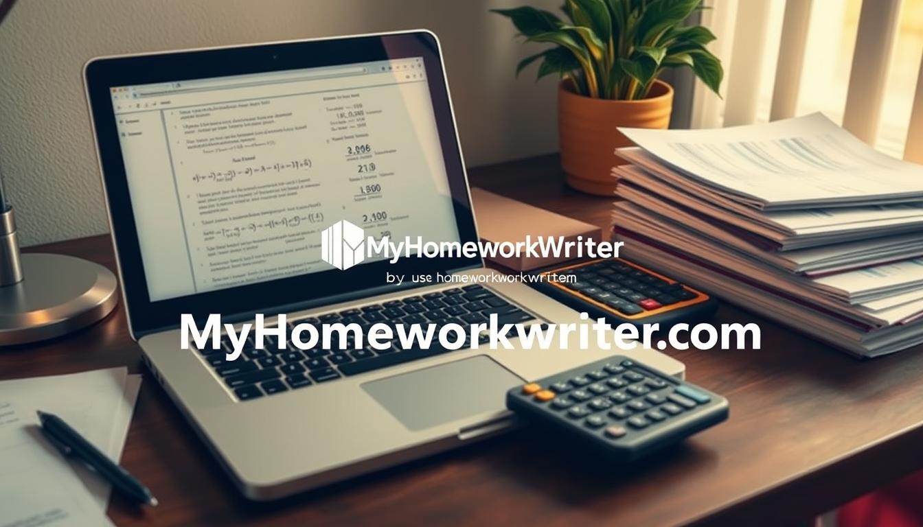 A neatly organized desk with a laptop, calculator, and stack of financial documents, illuminated by a warm, soft light. The laptop screen displays complex accounting equations, while a pen and highlighter are poised, ready to annotate the homework. The scene conveys a sense of focused concentration, with the brand name &amp;amp;quot;MyHomeWorkWriter&amp;amp;quot; and &amp;amp;quot;myhomeworkwriter.com&amp;amp;quot; subtly integrated into the composition.