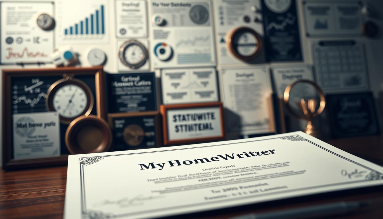 Intricate, high-resolution image of a statistics expert's credentials, presented in a professional, well-organized manner. The foreground features a clean, modern-looking diploma or certificate, showcasing the &amp;quot;MyHomeworkWriter&amp;quot; brand name prominently. The middle ground displays an array of relevant academic and professional achievements, such as degrees, certifications, and awards, all neatly arranged. The background subtly incorporates abstract data visualizations, graphs, and formulas, conveying a sense of expertise and technical proficiency. The lighting is soft and directional, creating depth and highlighting the various elements. The overall mood is one of authority, credibility, and trust, perfectly suited to illustrate the &amp;quot;Ensuring Trust, Experience, and Expertise&amp;quot; section of the article.