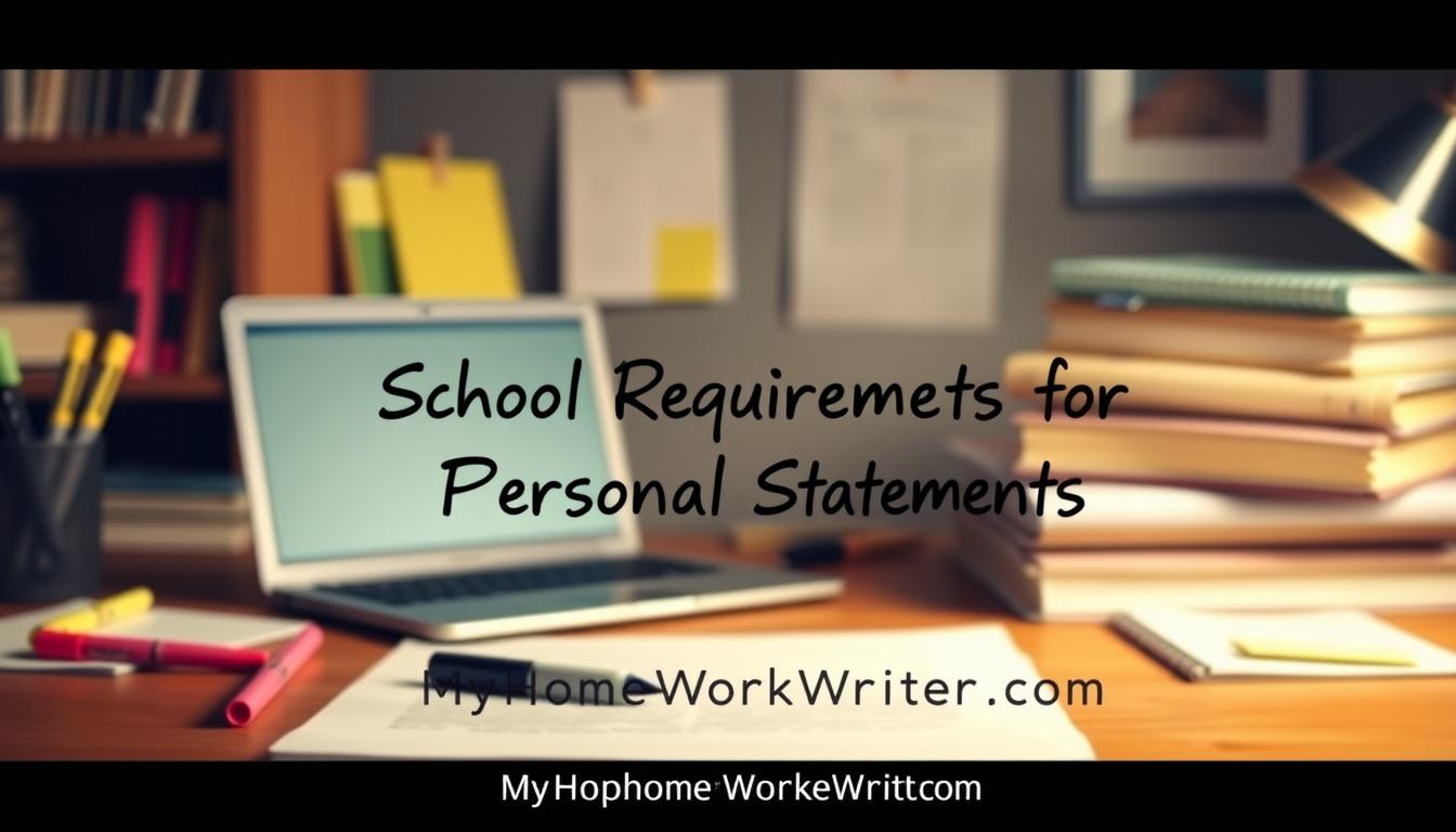 A cozy study space with a wooden desk, a laptop, and various academic supplies like highlighters, sticky notes, and a stack of books. Soft, warm lighting illuminates the scene, creating a comfortable and focused atmosphere. In the foreground, a hand-written document titled &quot;School Requirements for Personal Statements&quot; is prominently displayed. The brand name &quot;MyHomeWorkWriter&quot; and &quot;myhomeworkwriter.com&quot; are subtly incorporated into the image, blending seamlessly with the overall composition.