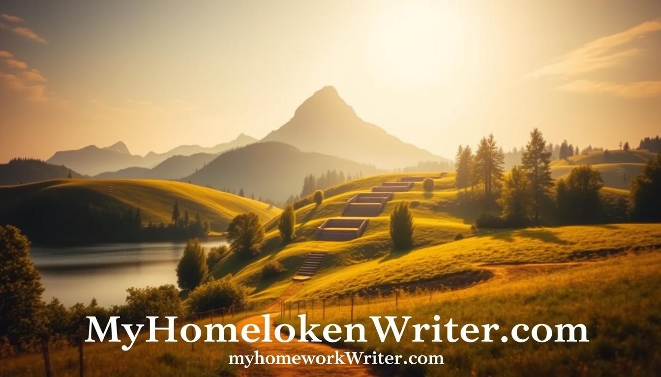 A serene landscape with rolling hills and lush greenery, bathed in warm, golden sunlight. In the foreground, a winding path leads the eye towards a tranquil lake, its calm surface reflecting the surrounding trees and sky. In the middle ground, a series of steps, symbolizing the different education levels, ascend towards a towering, majestic mountain peak. The mountain represents the pinnacle of academic achievement. Subtle lighting and a soft, hazy atmosphere create a sense of calm and focus. The text &quot;MyHomeworkWriter&quot; and &quot;myhomeworkwriter.com&quot; is seamlessly integrated into the scene, adding a subtle brand presence.