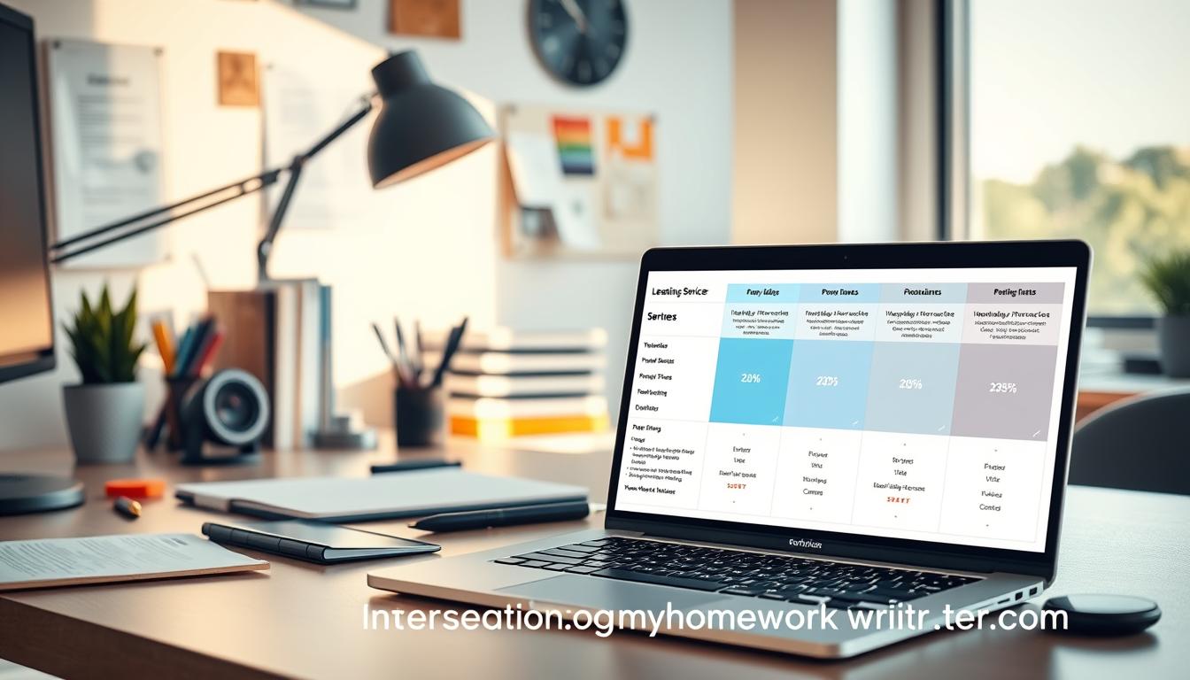 A sleek, modern workspace with a well-lit desk showcasing various proofreading tools and resources. In the foreground, a laptop displays a side-by-side comparison of leading proofreading services for 2025, with detailed ratings and features. Amidst the clutter-free environment, the &amp;quot;MyHomeworkWriter&amp;quot; and &amp;quot;myhomeworkwriter.com&amp;quot; branding is prominently displayed, conveying professionalism and expertise. The scene is bathed in a warm, natural light, creating a welcoming and productive atmosphere.
