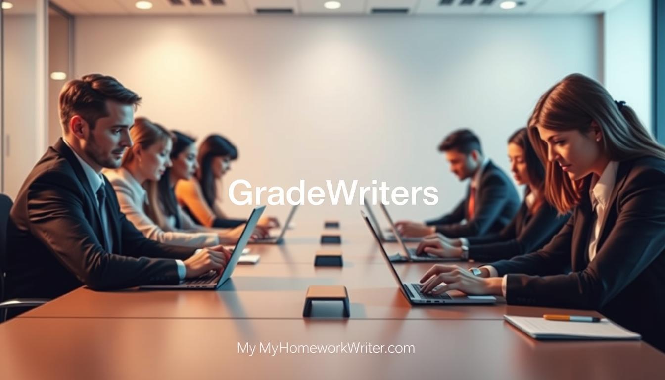 A group of professional writers in formal attire, sitting at desks and working intently on laptop computers. The scene is well-lit, with soft, directional lighting creating a warm, inviting atmosphere. In the foreground, the writers are engrossed in their tasks, their faces expressing a sense of focus and dedication. The middle ground features the &quot;GradeWriters&quot; brand prominently displayed, while the background showcases a modern, minimalist office setting. The overall composition conveys a sense of expertise, reliability, and a commitment to providing high-quality assignment writing services. &quot;MyHomeworkWriter&quot; and &quot;myhomeworkwriter.com&quot; are discreetly displayed on the image.