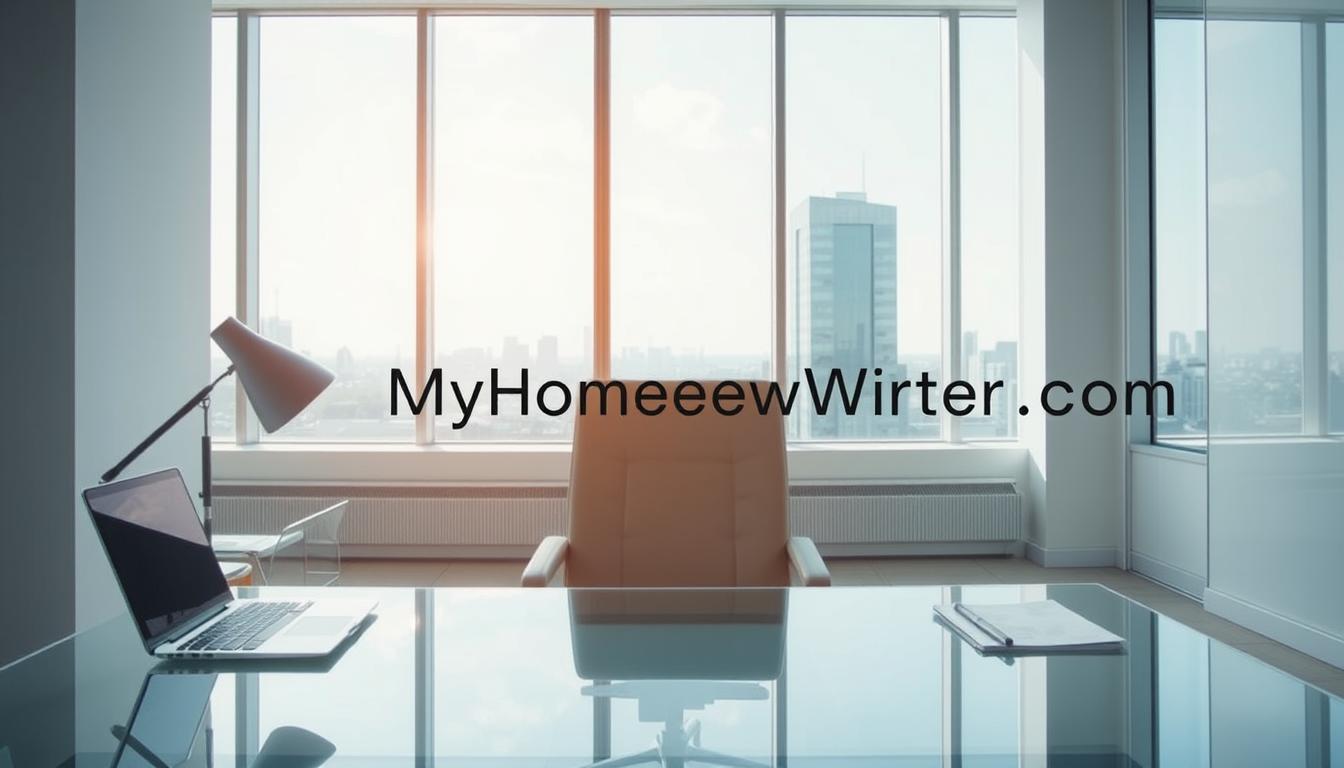 A pristine, well-lit office setting with a modern, minimalist design aesthetic. The foreground features a sleek, glass-topped desk with a laptop, a stylish desk lamp, and a few carefully arranged office supplies. The middle ground showcases a comfortable, ergonomic office chair in a neutral tone. The background reveals floor-to-ceiling windows providing ample natural light, with a cityscape visible in the distance. The overall mood is one of efficiency, professionalism, and attention to detail. MyHomeworkWriter and myhomeworkwriter.com prominently displayed.