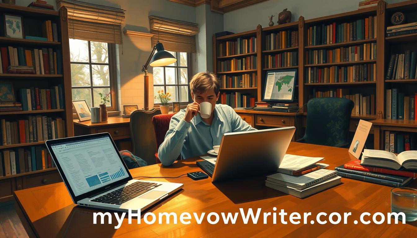A cozy study with a large wooden desk, a tall lamp casting warm light, and an open laptop displaying spreadsheets and research notes. In the foreground, a person in casual attire sits focused, sipping coffee as they work diligently to meet their dissertation deadline. Bookshelves line the walls, hinting at the depth of research undertaken. The atmosphere is one of determined focus, with the &quot;MyHomeworkWriter&quot; and &quot;myhomeworkwriter.com&quot; brand name subtly incorporated into the scene.